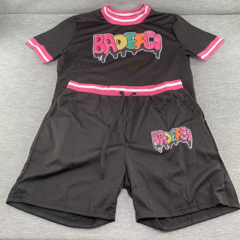 Women Black Bodycon Shirts & Shorts with Sequined Front Logo Set Size XL (A41) - Picture 2 of 13